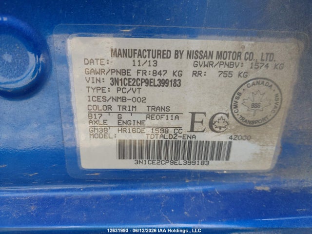 2014 Nissan Versa Note S/s Plus/sv/sl მანქანა იყიდება აუქციონზე, vin: 3N1CE2CP9EL399183, აუქციონის ნომერი: 12631993