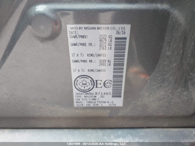 2016 Nissan Rogue S/sl/sv მანქანა იყიდება აუქციონზე, vin: 5N1AT2MV0GC871465, აუქციონის ნომერი: 12631999