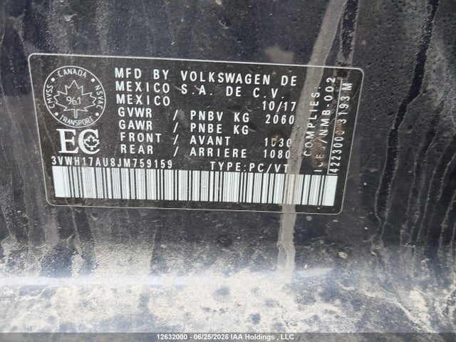 2018 Volkswagen Golf მანქანა იყიდება აუქციონზე, vin: 3VWH17AU8JM759159, აუქციონის ნომერი: 12632000
