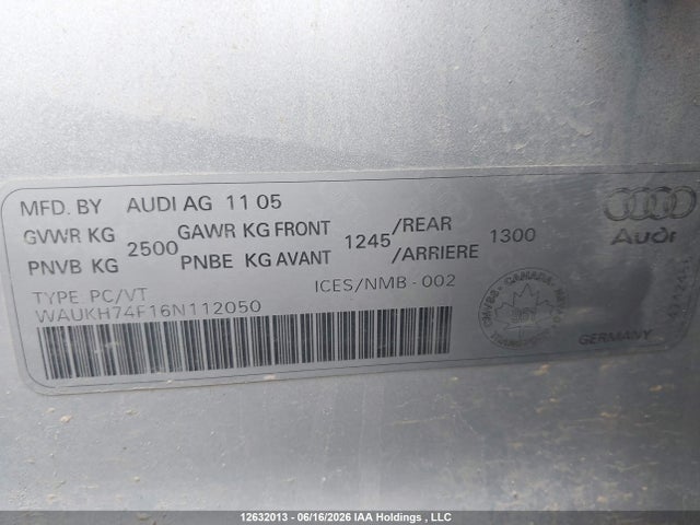 12632013 :رقم المزاد ، WAUKH74F16N112050 vin ، 2006 Audi A6 3.2 Avant مزاد بيع