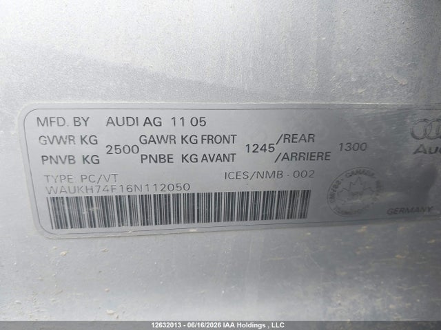 12632013 :رقم المزاد ، WAUKH74F16N112050 vin ، 2006 Audi A6 3.2 Avant مزاد بيع
