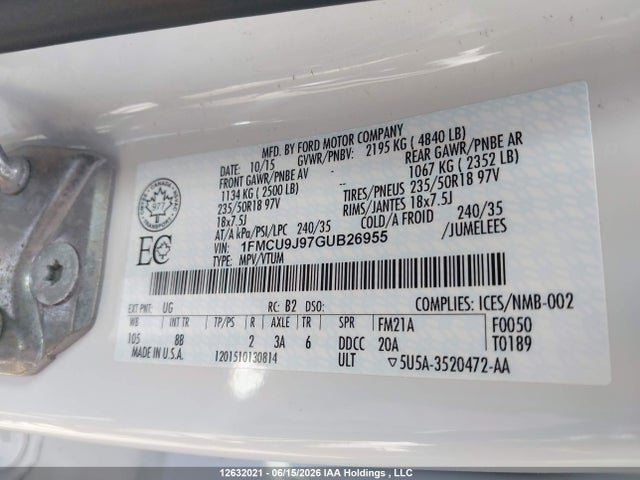 2016 Ford Escape Titanium მანქანა იყიდება აუქციონზე, vin: 1FMCU9J97GUB26955, აუქციონის ნომერი: 12632021