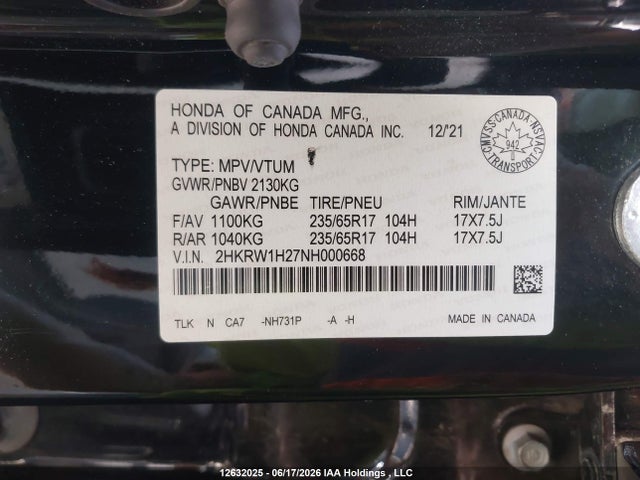 Продаж на аукціоні авто 2022 Honda Cr-v Lx, vin: 2HKRW1H27NH000668, номер лоту: 12632025