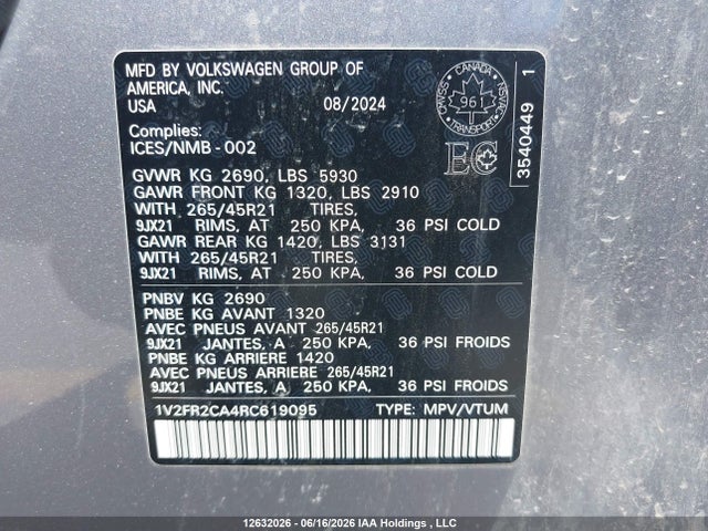 2024 Volkswagen Atlas Sel Premium R-line მანქანა იყიდება აუქციონზე, vin: 1V2FR2CA4RC619095, აუქციონის ნომერი: 12632026