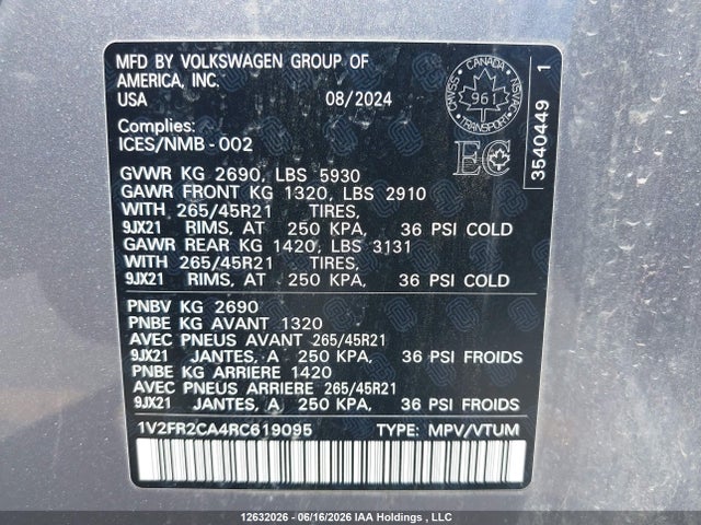 2024 Volkswagen Atlas Sel Premium R-line მანქანა იყიდება აუქციონზე, vin: 1V2FR2CA4RC619095, აუქციონის ნომერი: 12632026