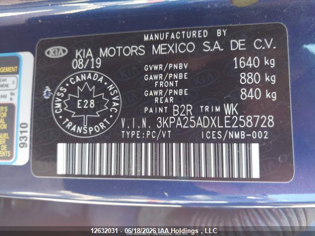 12632031 :رقم المزاد ، 3KPA25ADXLE258728 vin ، 2020 Kia Rio مزاد بيع