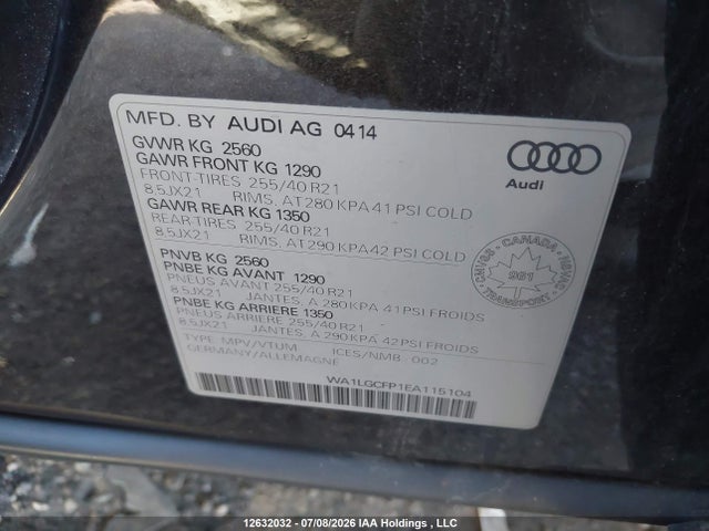 12632032 :رقم المزاد ، WA1LGCFP1EA115104 vin ، 2014 Audi Q5 Premium Plus مزاد بيع