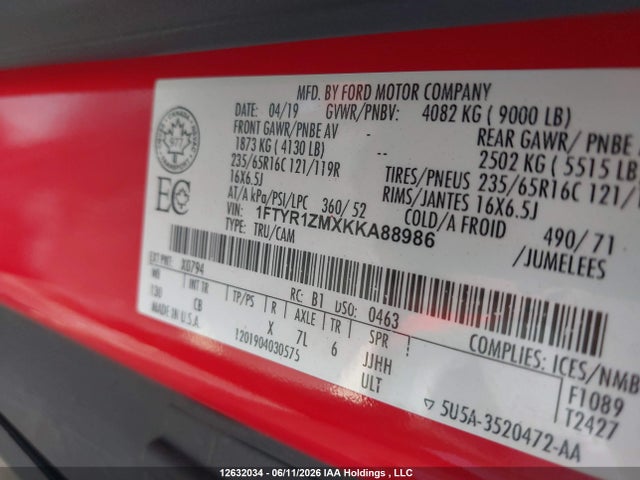 Продажа на аукционе авто 2019 Ford Transit T-250, vin: 1FTYR1ZMXKKA88986, номер лота: 12632034