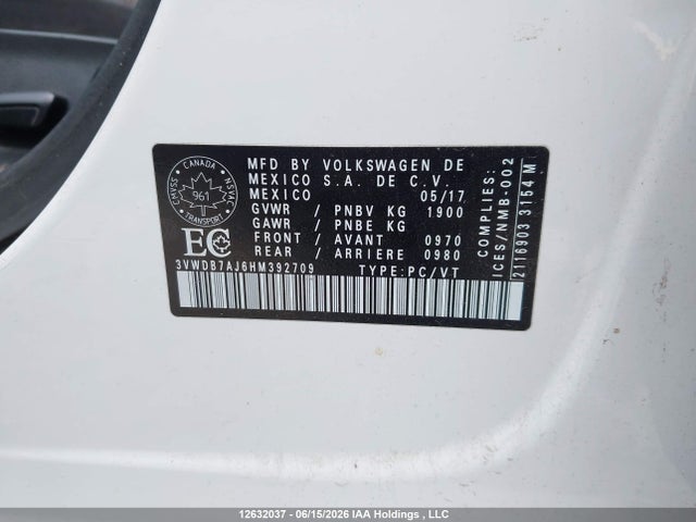 12632037 :رقم المزاد ، 3VWDB7AJ6HM392709 vin ، 2017 Volkswagen Jetta Wolfsburg Edition مزاد بيع