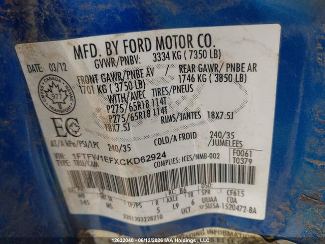 Продаж на аукціоні авто 2012 Ford F150 Supercrew, vin: 1FTFW1EFXCKD62924, номер лоту: 12632040
