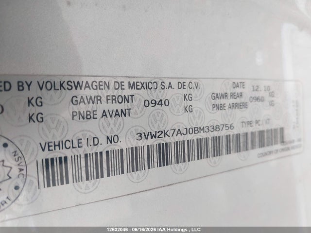 Продаж на аукціоні авто 2011 Volkswagen Jetta S, vin: 3VW2K7AJ0BM338756, номер лоту: 12632046