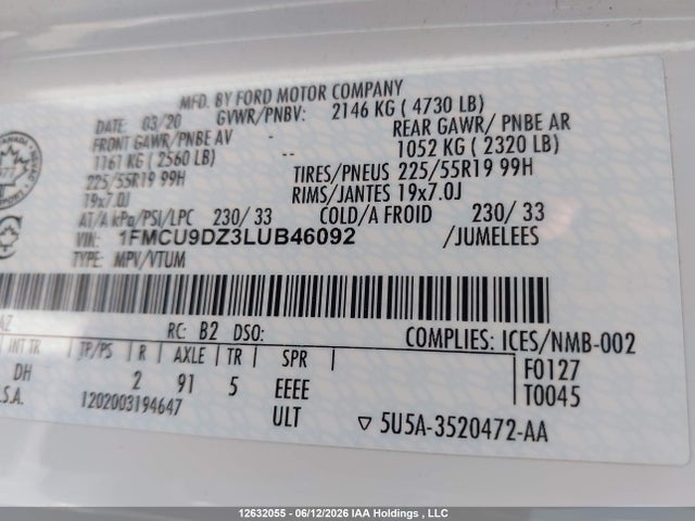 12632055 :رقم المزاد ، 1FMCU9DZ3LUB46092 vin ، 2020 Ford Escape Titanium Hybrid مزاد بيع