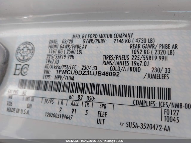 12632055 :رقم المزاد ، 1FMCU9DZ3LUB46092 vin ، 2020 Ford Escape Titanium Hybrid مزاد بيع