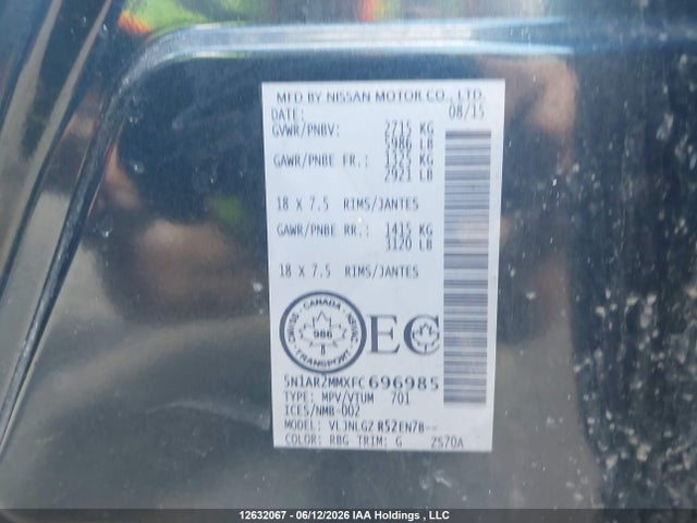 Продажа на аукционе авто 2015 Nissan Pathfinder S/sv/sl/platinum, vin: 5N1AR2MMXFC696985, номер лота: 12632067