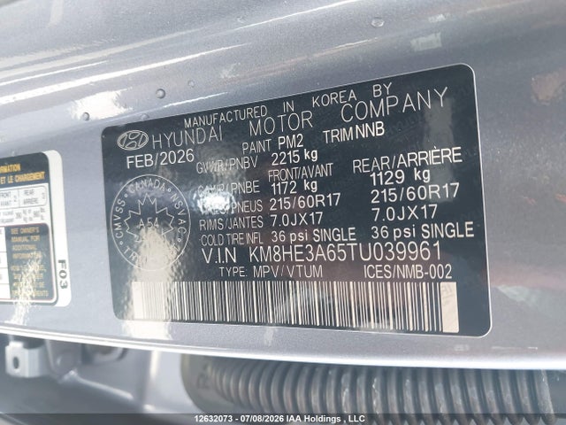 12632073 :رقم المزاد ، KM8HE3A65TU039961 vin ، 2026 Hyundai Kona Electric Preferred With Ultimate Package مزاد بيع
