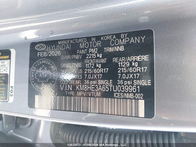 12632073 :رقم المزاد ، KM8HE3A65TU039961 vin ، 2026 Hyundai Kona Electric Preferred With Ultimate Package مزاد بيع