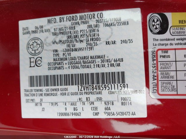 Продажа на аукционе авто 2009 Ford Mustang V6, vin: 1ZVHT84N595111591, номер лота: 12632080