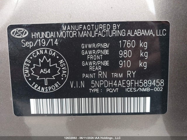 12632082 :رقم المزاد ، 5NPDH4AE9FH589458 vin ، 2015 Hyundai Elantra Se/sport/limited مزاد بيع