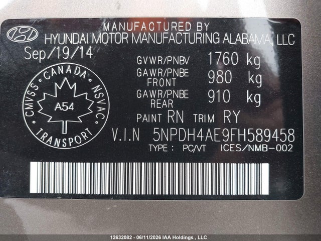 12632082 :رقم المزاد ، 5NPDH4AE9FH589458 vin ، 2015 Hyundai Elantra Se/sport/limited مزاد بيع