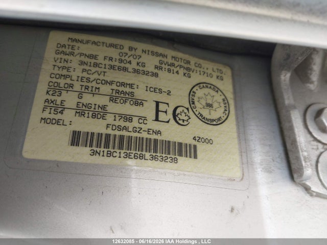 Продаж на аукціоні авто 2008 Nissan Versa 1.8sl, vin: 3N1BC13E68L363238, номер лоту: 12632085