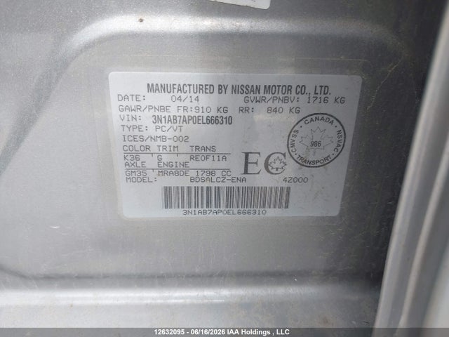 Aukcja sprzedaży 2014 Nissan Sentra 1.8 S/1.8 Sl/1.8 Sr/1.8 Sv, vin: 3N1AB7AP0EL666310, numer aukcji: 12632095