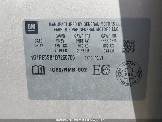 Aukcja sprzedaży 2013 Chevrolet Cruze Lt Turbo, vin: 1G1PE5SB1D7265706, numer aukcji: 12632099