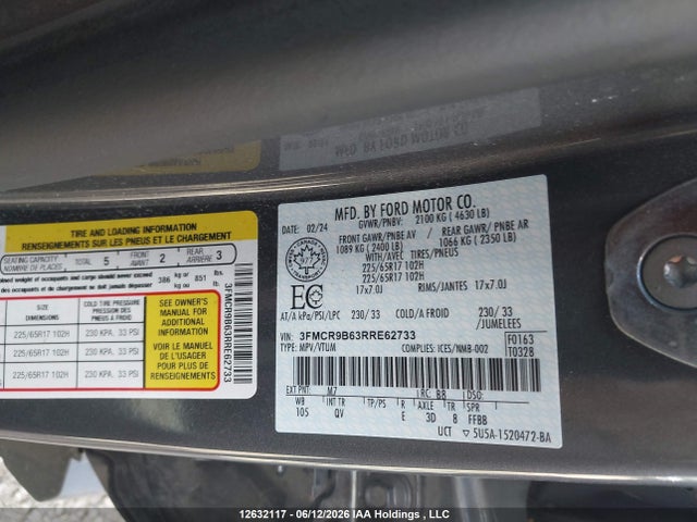 12632117 :رقم المزاد ، 3FMCR9B63RRE62733 vin ، 2024 Ford Bronco Sport Big Bend مزاد بيع