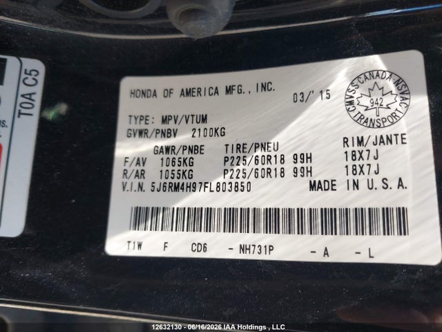 Honda Cr-v Touring 2015 5J6RM4H97FL803850 Image 18