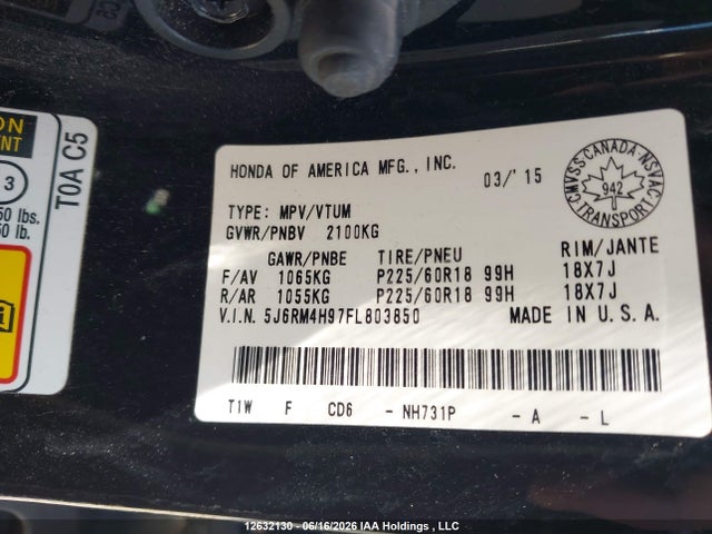 Honda Cr-v Touring 2015 5J6RM4H97FL803850 Image 9
