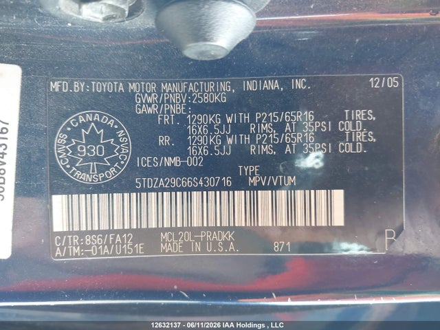 2006 Toyota Sienna Ce 7 Passenger/ce 8 Passenger მანქანა იყიდება აუქციონზე, vin: 5TDZA29C66S430716, აუქციონის ნომერი: 12632137