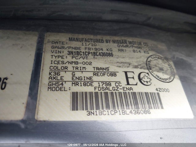 Продаж на аукціоні авто 2011 Nissan Versa 1.8sl, vin: 3N1BC1CP1BL436086, номер лоту: 12610977
