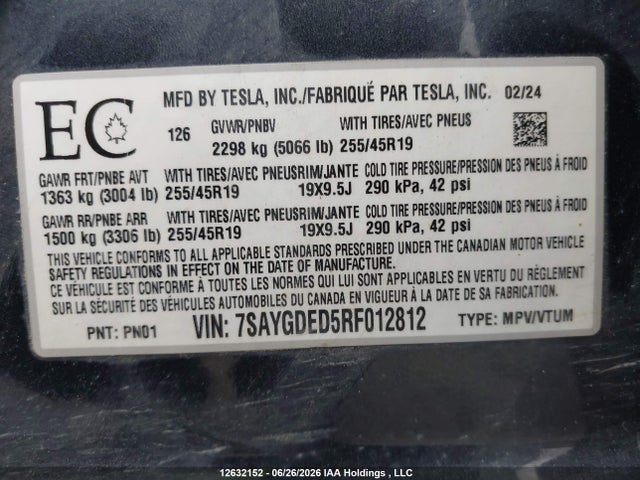 7SAYGDED5RF012812 Tesla Model Y Long Range/rwd
