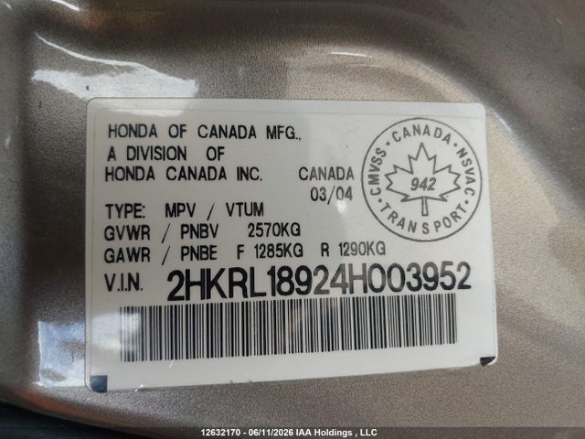 12632170 :رقم المزاد ، 2HKRL18924H003952 vin ، 2004 Honda Odyssey Exl مزاد بيع