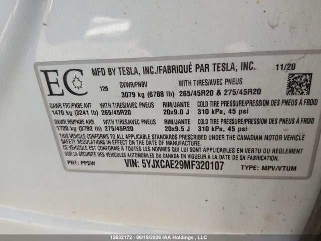 12632172 :رقم المزاد ، 5YJXCAE29MF320107 vin ، 2021 Tesla Model X Long Range/long Range Plus مزاد بيع