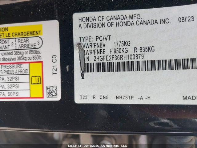 12632173 :رقم المزاد ، 2HGFE2F36RH100879 vin ، 2024 Honda Civic Ex مزاد بيع