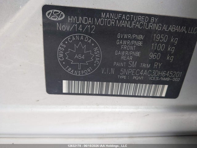 12632178 :رقم المزاد ، 5NPEC4AC3DH645201 vin ، 2013 Hyundai Sonata مزاد بيع