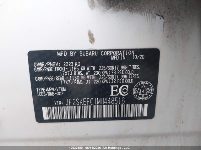 Продаж на аукціоні авто 2021 Subaru Forester Convenience, vin: JF2SKEFC1MH448516, номер лоту: 12632180