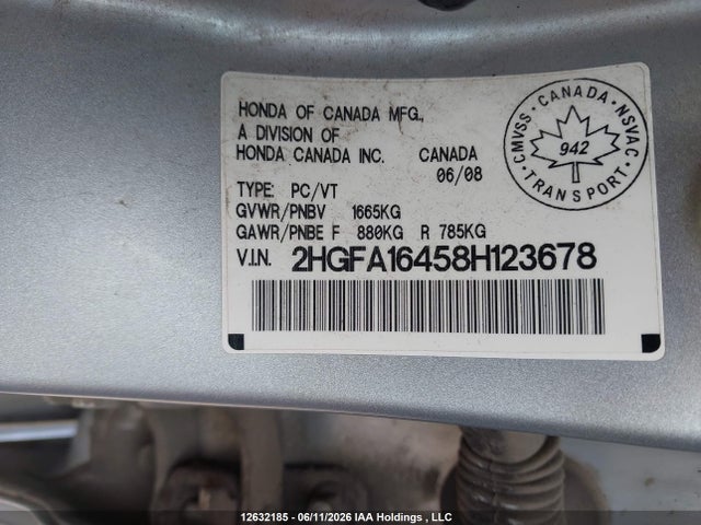 12632185 :رقم المزاد ، 2HGFA16458H123678 vin ، 2008 Honda Civic Dx-g مزاد بيع