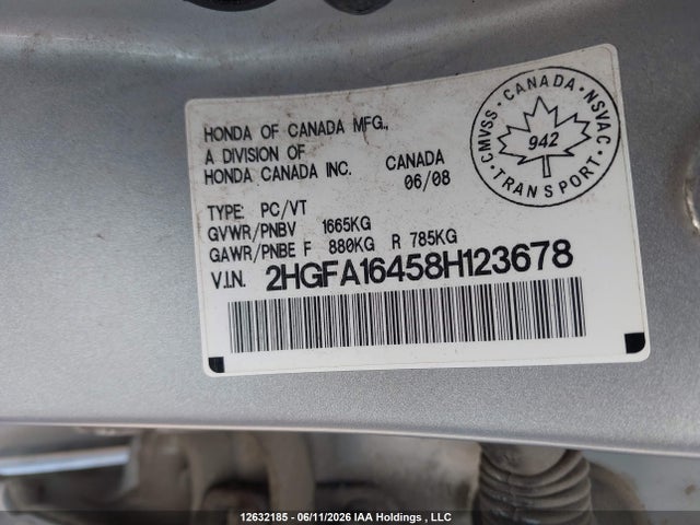 12632185 :رقم المزاد ، 2HGFA16458H123678 vin ، 2008 Honda Civic Dx-g مزاد بيع