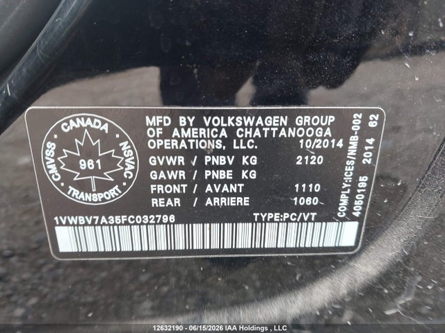 Продажа на аукционе авто 2015 Volkswagen Passat 2.0 Tdi Comfortline, vin: 1VWBV7A35FC032796, номер лота: 12632190