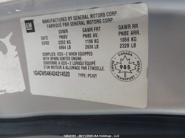 12632191 :رقم المزاد ، 1G4CW54K424214520 vin ، 2002 Buick Park Avenue مزاد بيع