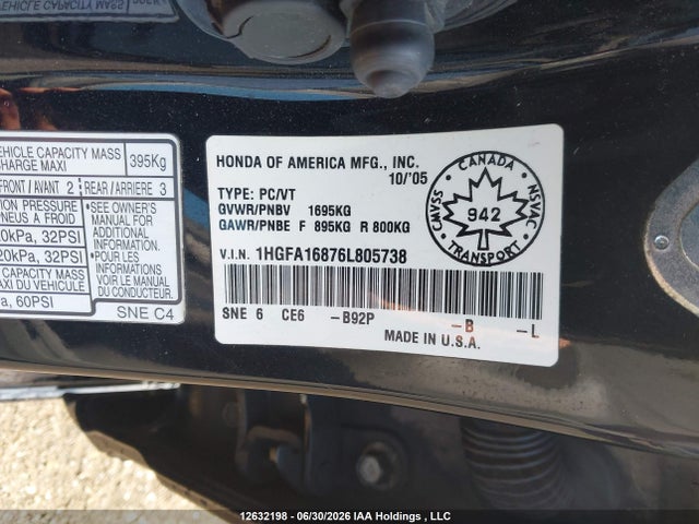Aukcja sprzedaży 2006 Honda Civic Ex, vin: 1HGFA16876L805738, numer aukcji: 12632198