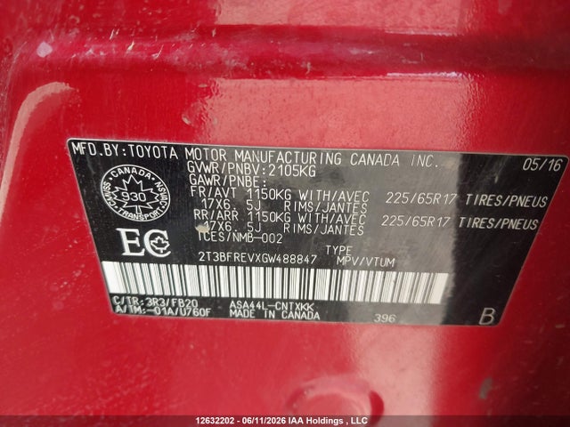 12632202 :رقم المزاد ، 2T3BFREVXGW488847 vin ، 2016 Toyota Rav4 مزاد بيع