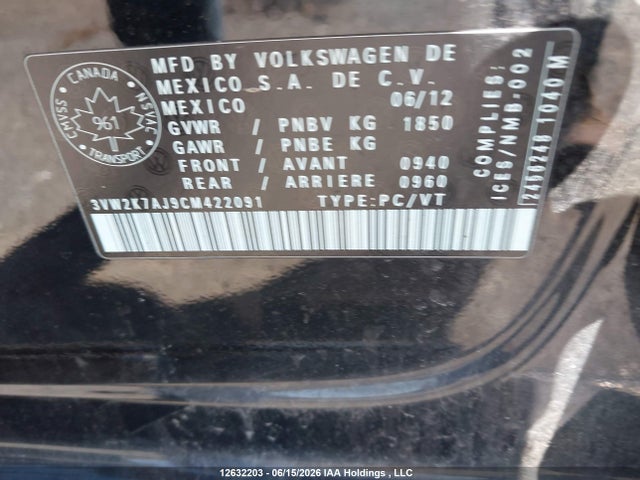 Продаж на аукціоні авто 2012 Volkswagen Jetta 2.0l Trendline/2.0l Trendline+, vin: 3VW2K7AJ9CM422091, номер лоту: 12632203