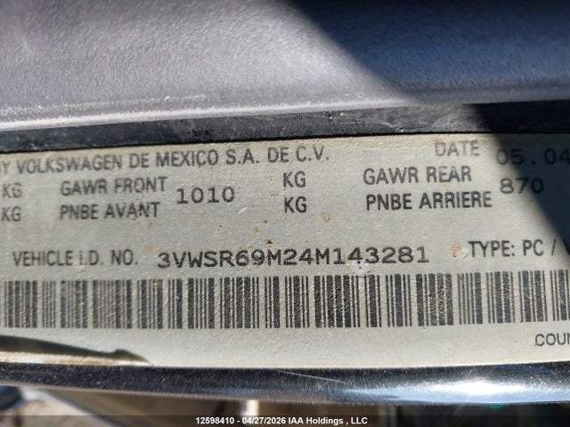 Продажа на аукционе авто 2004 Volkswagen Jetta Gls Tdi/tdi Sport, vin: 3VWSR69M24M143281, номер лота: 12598410