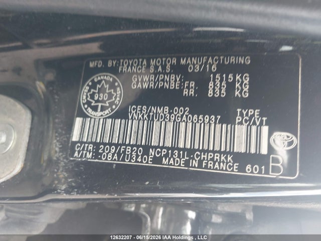 2016 Toyota Yaris მანქანა იყიდება აუქციონზე, vin: VNKKTUD39GA065937, აუქციონის ნომერი: 12632207