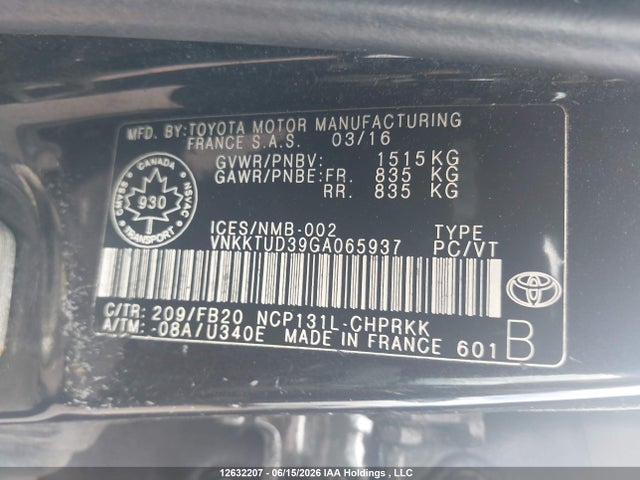 2016 Toyota Yaris მანქანა იყიდება აუქციონზე, vin: VNKKTUD39GA065937, აუქციონის ნომერი: 12632207