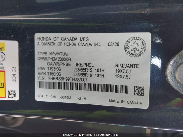 Продажа на аукционе авто 2026 Honda Cr-v Sport Touring, vin: 2HKRS6H99TH227007, номер лота: 12632212