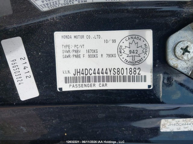 2000 Acura Integra Se მანქანა იყიდება აუქციონზე, vin: JH4DC4444YS801882, აუქციონის ნომერი: 12632221