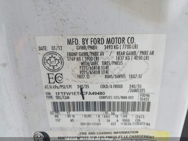Продаж на аукціоні авто 2012 Ford F150 Supercrew, vin: 1FTFW1ET4CFA49480, номер лоту: 12632226